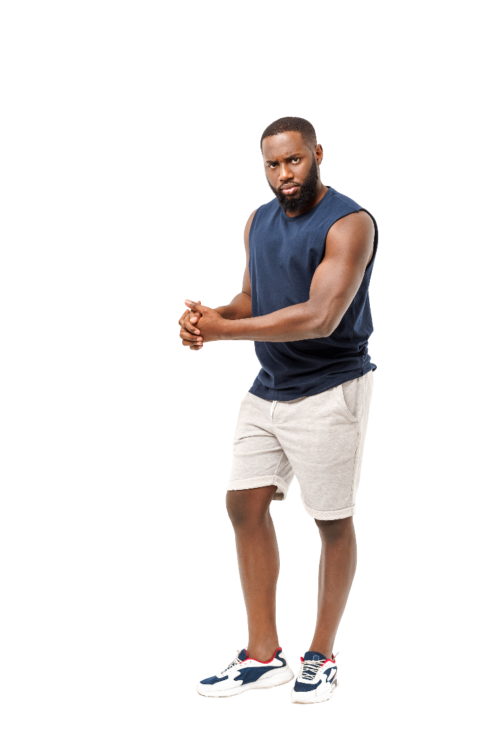 young African American mans shows muscles arm
